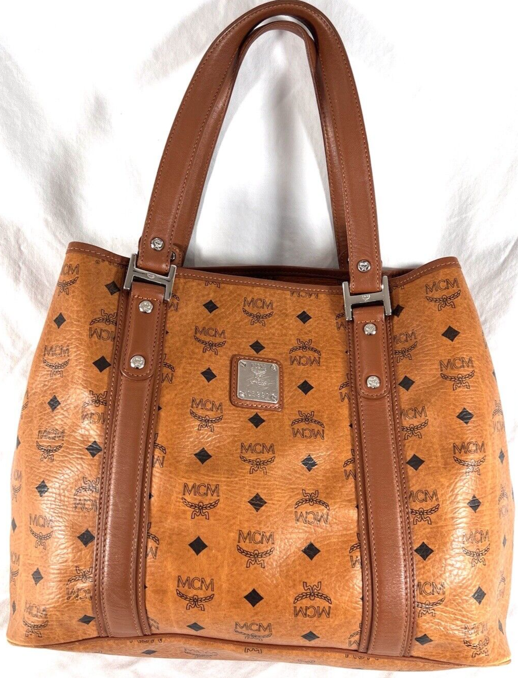 MCM Cognac Visetos Canvas Leather Trim Monogram Pattern Tote