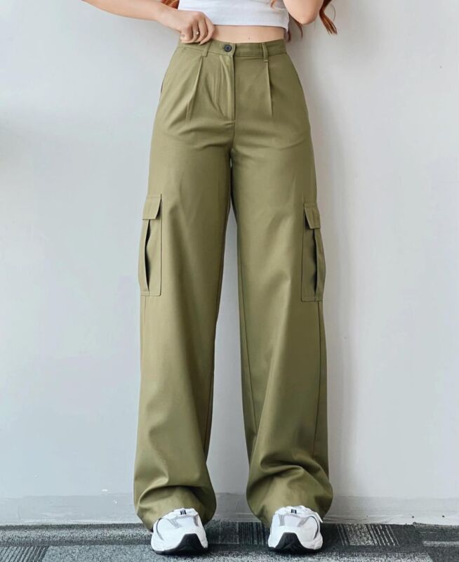 Womens Casual Cargo Mid Waist Pockets Long Straight Legs Pants Outdoor Trousers