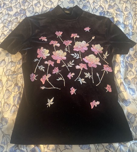 vivienne tam 半袖 Vivienne Tam Vtg Shirt Blouse Black Floral Embroidered