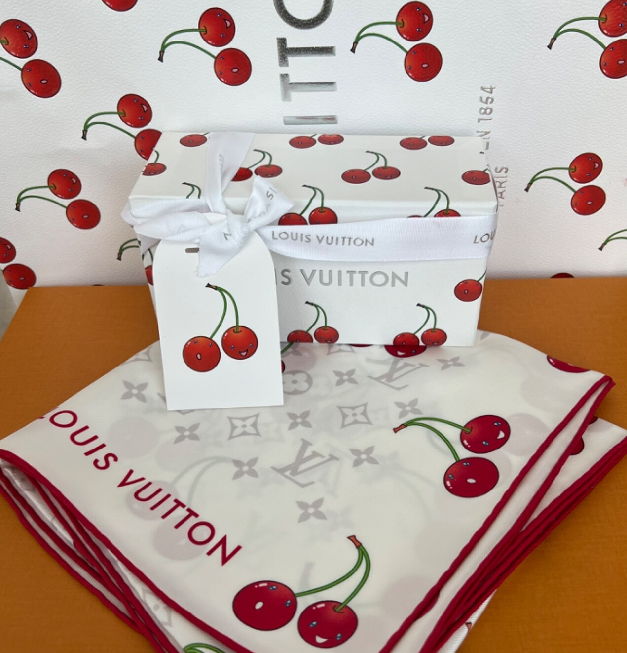 Louis Vuitton TakashiMurakami Monogram Cerise Silk Scarf 90