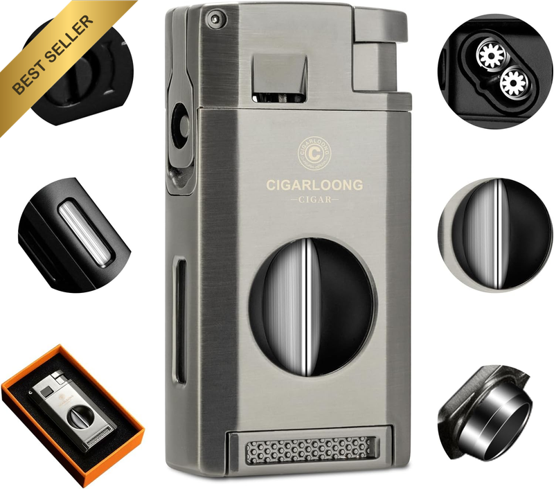 Cigar Lighter with V Cutter and Puncher, 3 in 1 Windproof Torch Lighter for Outd