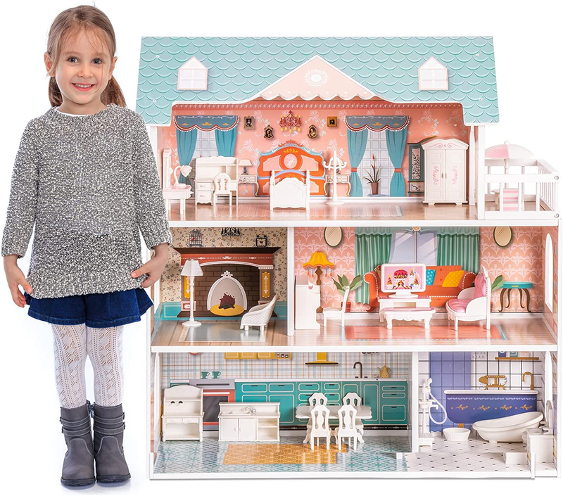 Wooden Dollhouse for Kids Girls, Toy Gift for 3 4 5 6 Years Old, with Furniture
