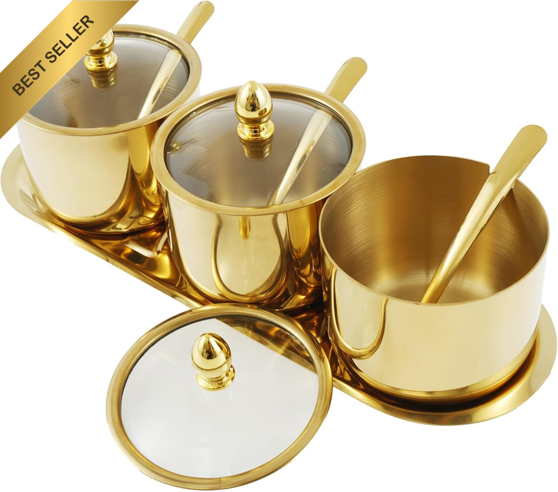 Set of 3 Seasoning Box with Spoon and Lid, Stainless Steel Condiment Canisters P