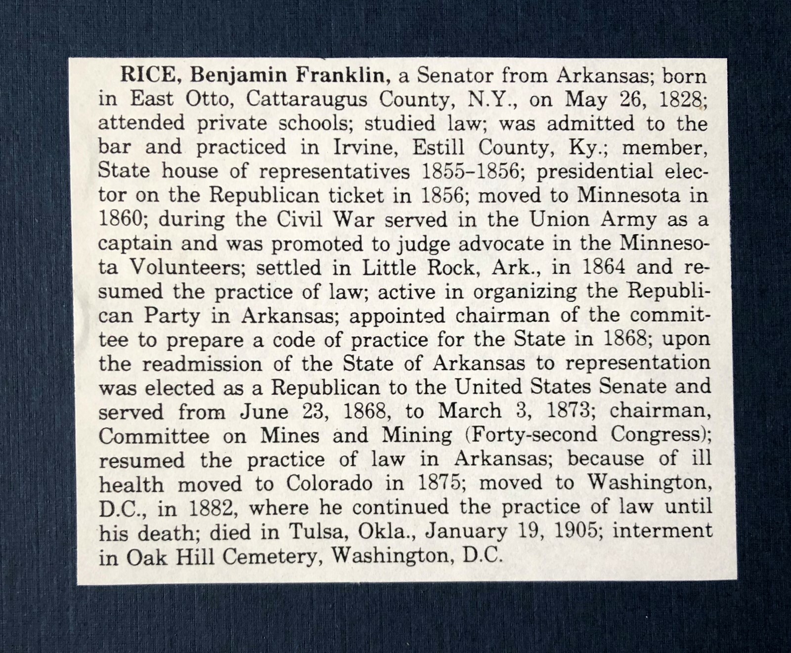 CUT SIGNATURE - BENJAMIN F. RICE - ARKANSAS U.S. SENATOR & CIVIL WAR CAPTAIN