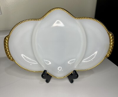 Milk Glass Divided Serving Dish Bowl Fire King Gold Rim 7 5/8x11  MINT CONDITION