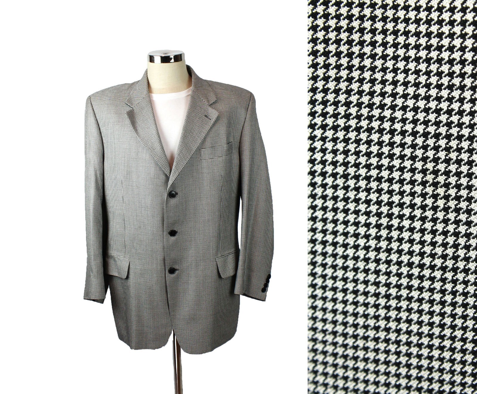 Vintage Houndstooth Blazer 44S Black White Wool Silk Blend