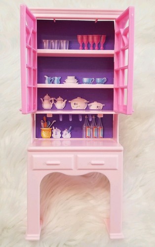 Vintage 1994 Barbie Dining Room Furniture LOT Flowers Pink Table, Chairs & Hutch