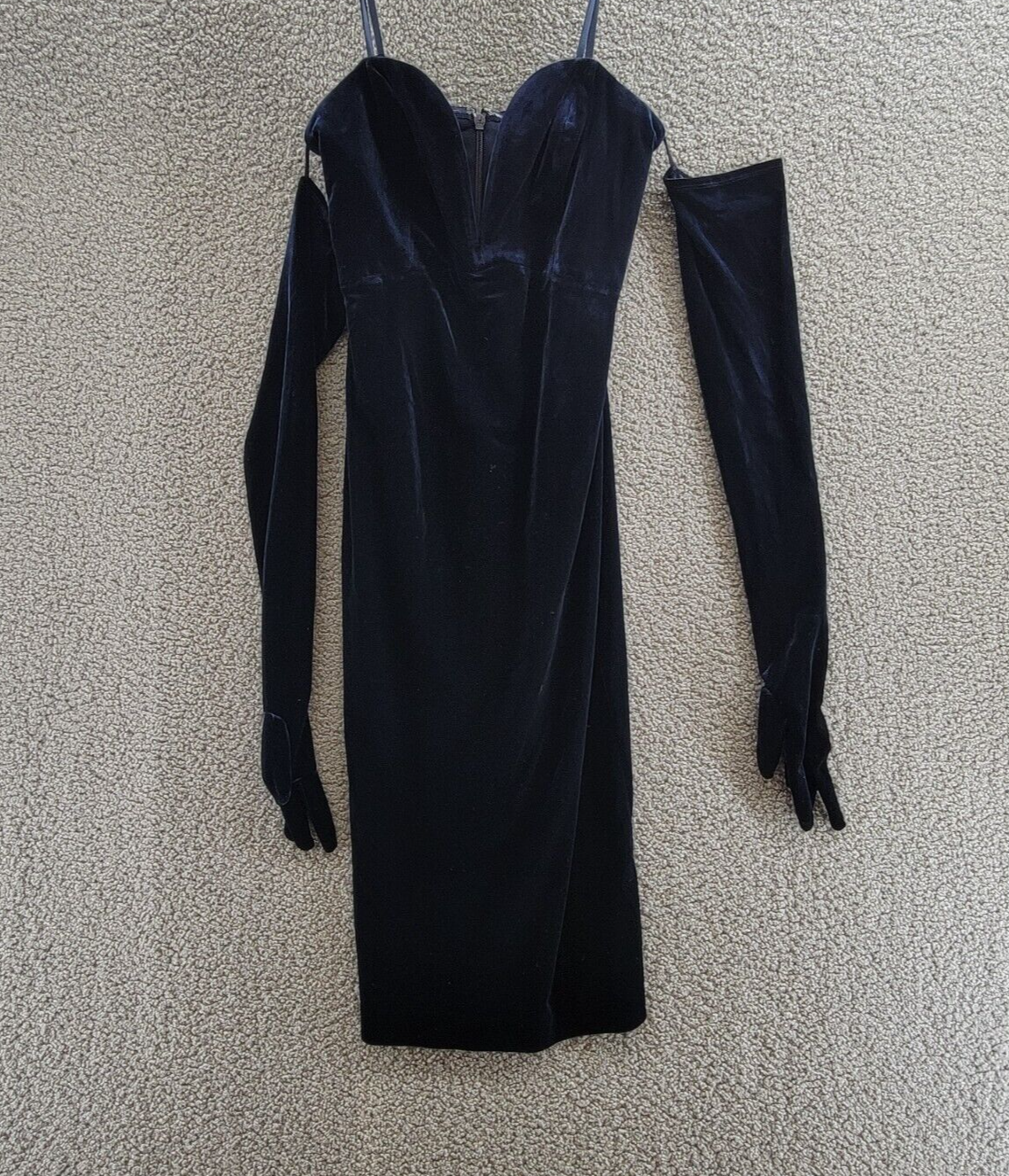 BCBGMAXAZRIA Plunge Neck Midi Dress & Glove Womens 10 Dark Navy Back Zip Closure - Picture 2 of 16