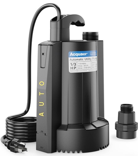 1/3 HP 2160 GPH Automatic Submersible Water Sump Pump 115V with 3/4" Garden Hose