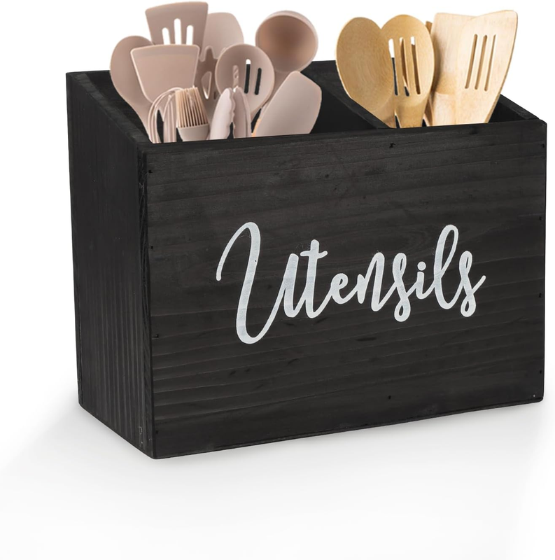 Gzsekken Kitchen Utensil Holder,Black Utensils Holder 2 Compartment,Wood Utensil