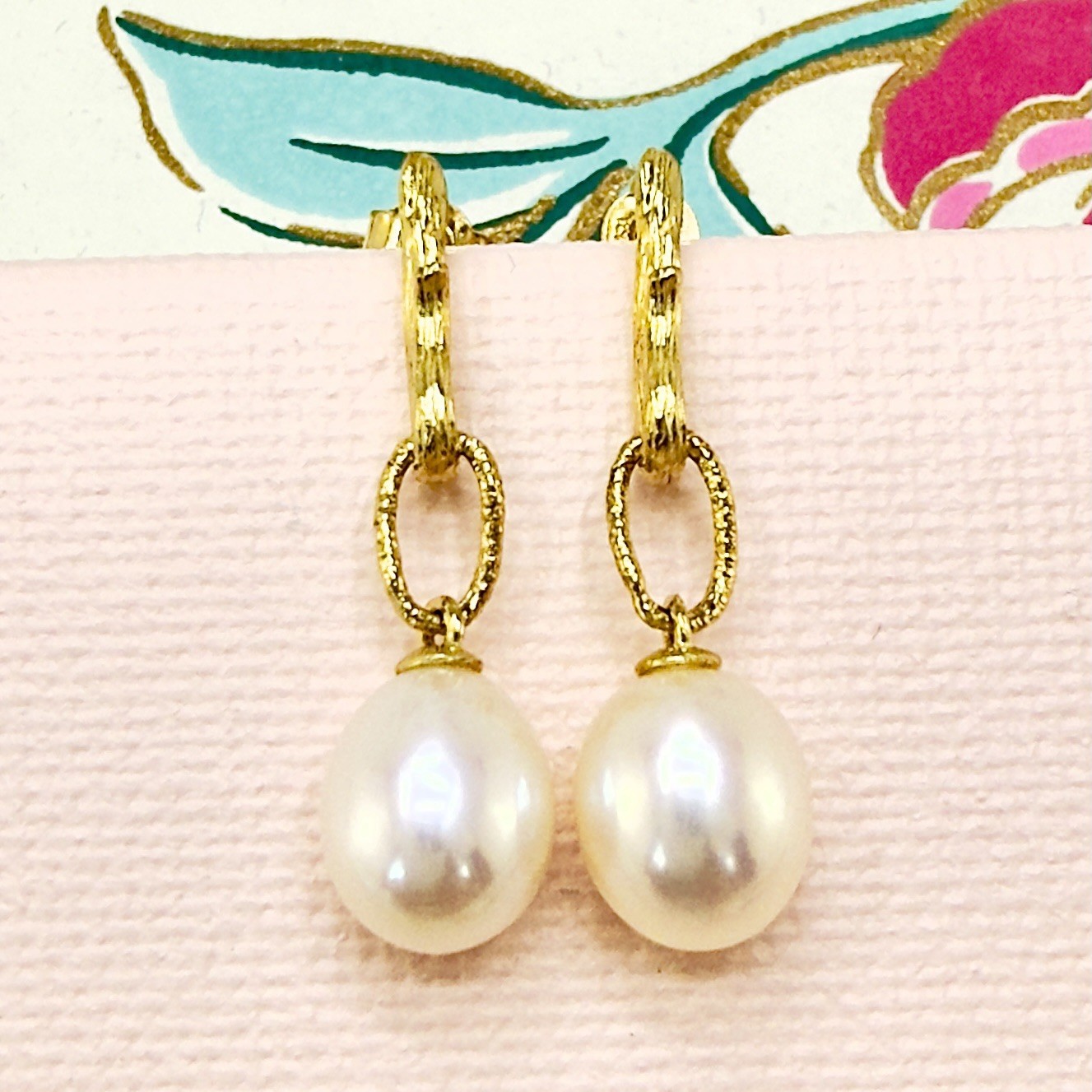 14k Yellow Gold Genuine Pearl Dangle Modernist Earrings, New - Picture 1 of 11