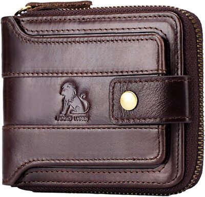 Zipper Wallets for Men Genuine leather Zip Around Purse RFID Blocking Bifold ID