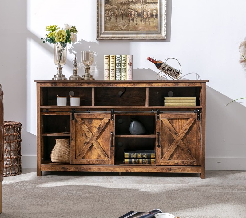 Farmhouse LED Coffee Bar Cabinet Barn Door Sideboard Buffet with Power Outlet