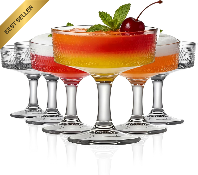 Set of 6 190Ml Martini Glasses, Floral Fluted Cocktail Glasses, Unique Clear Mar