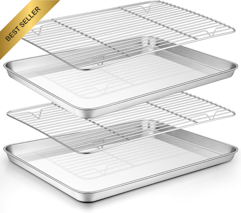 Baking Sheet w/ Rack Set 2 Pans 2 Racks Stainless Steel Pan Cookie Sheet Non Tox