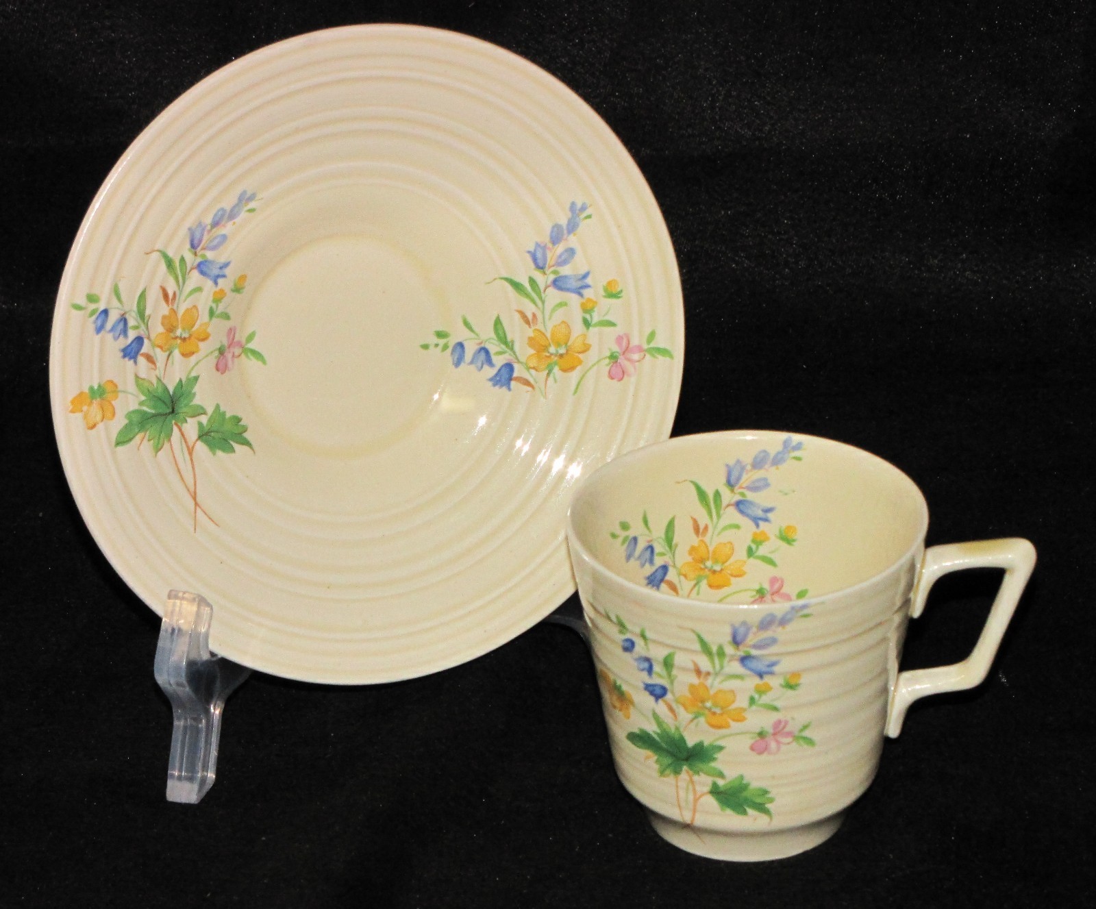 Vintage Crown Ducal England Pottery Porcelain Demitasse Floral Teacup & Saucer