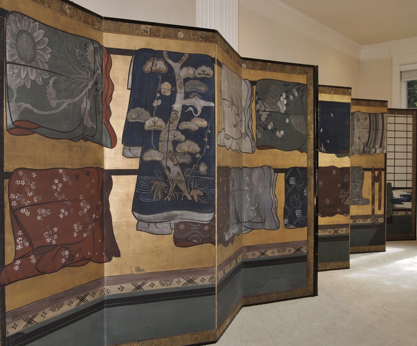 2 ANTIQUE JAPANESE KIMONO FOLDING SCREENS 25 ft Long Edo Textile Fashion Byobu