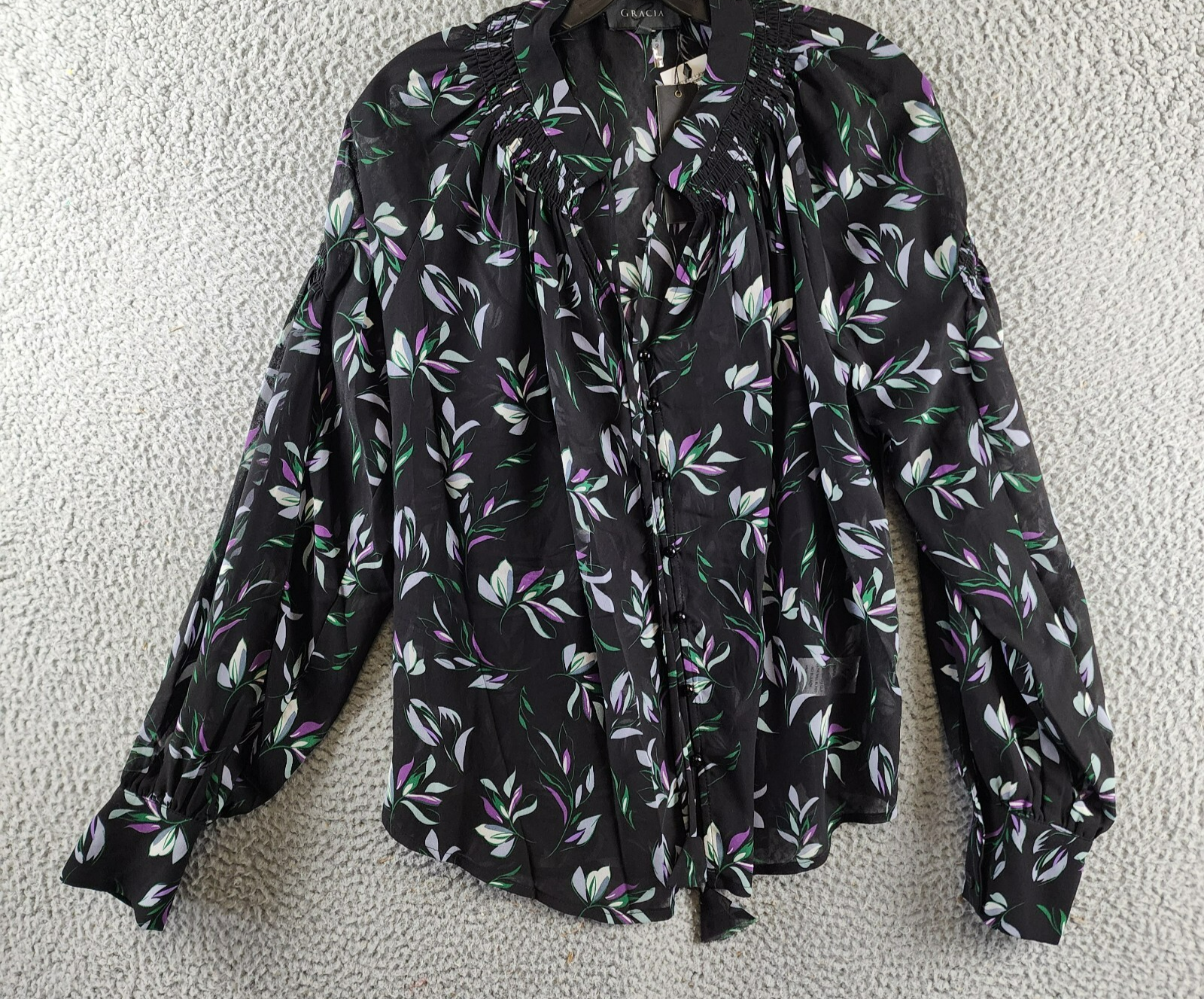 Gracia Floral Button Front Blouse Women's M Black Multi Shirred Long Sleeve - Picture 1 of 14