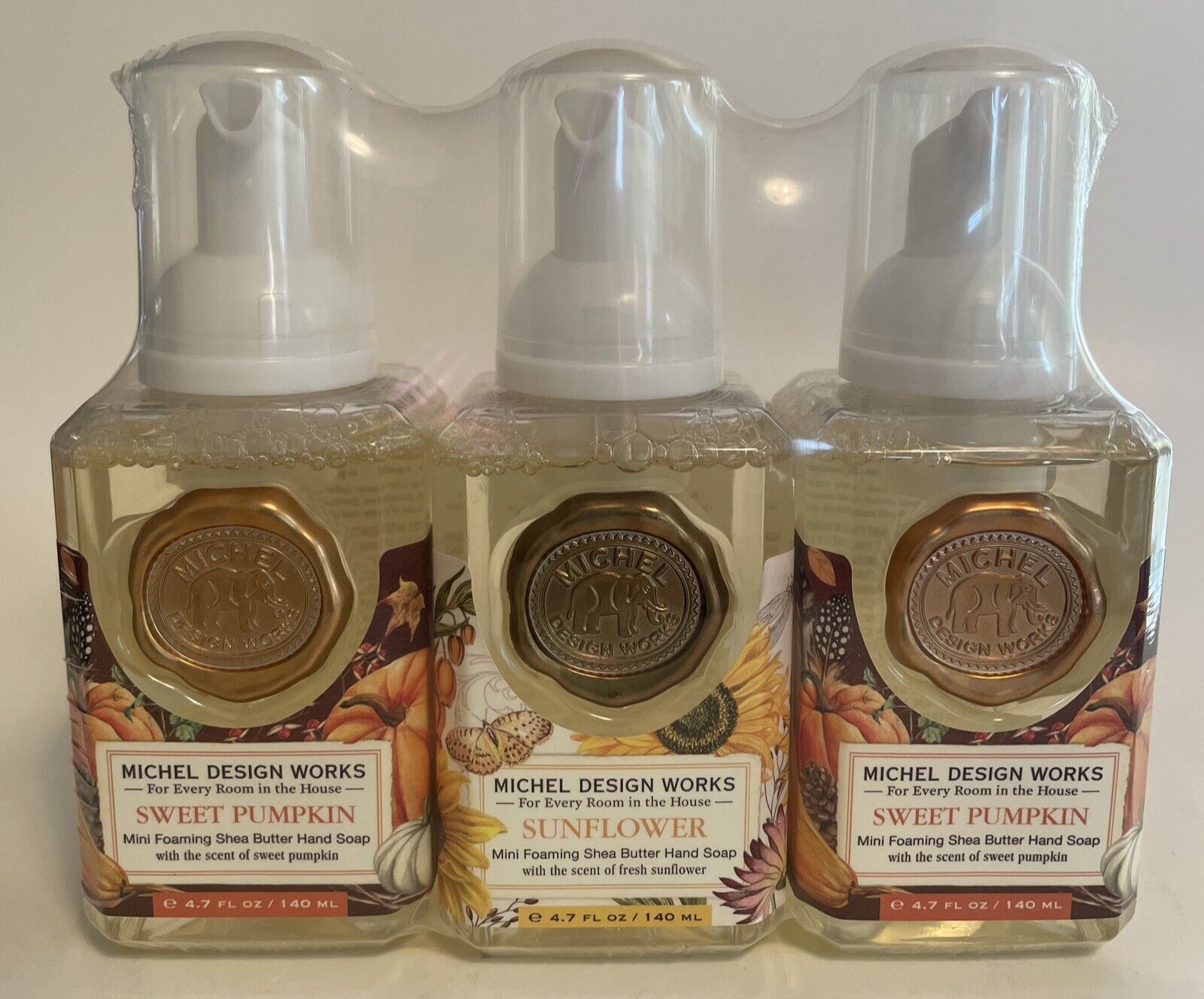 3 Michel Design Works Mini Foaming Shea Butter Hand Soap 2-Pumpkin 1-Sunflower