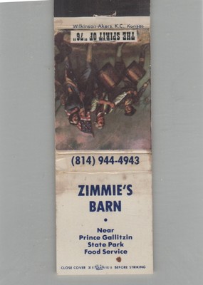 Matchbook Cover Zimmie's Barn Prince Gallitzin State Park