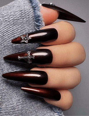 Gothic Valentine Alchemy Burgundy Black Ombre Long Almond Piece Set Charm Nails