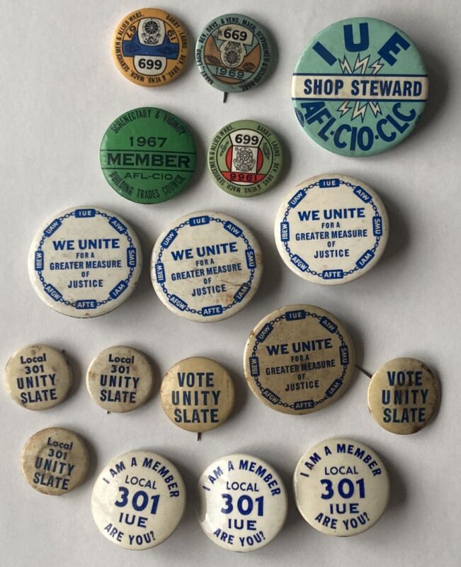 LOT OF 17 VINTAGE IUE/AFL/CIO/CLC & more UNION PINBACK BUTTONS ADVERTISING 1960s
