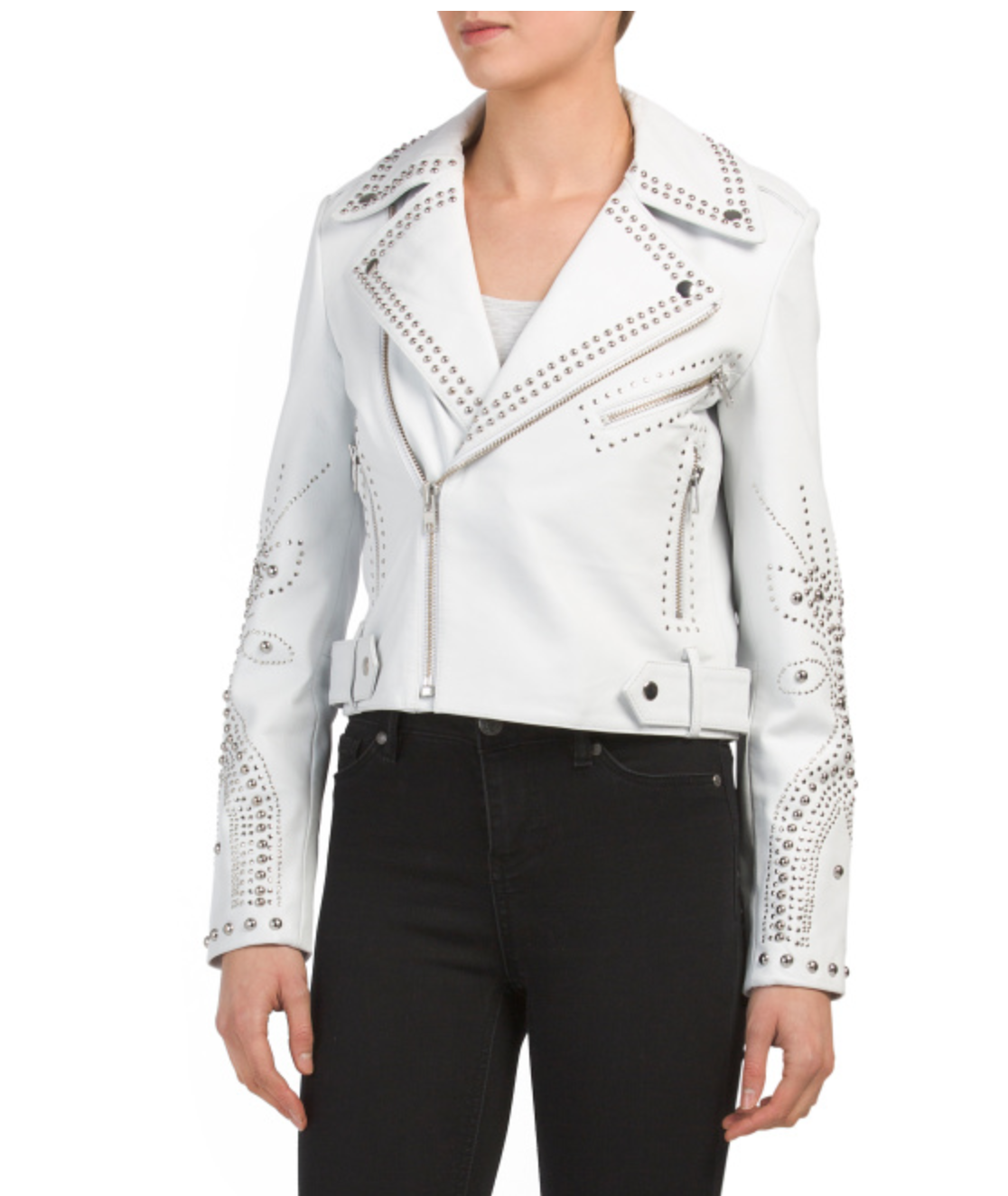Pre-owned Belle Vere Studded Embellished Leather Moto Jacket White Size Xs S M Or L