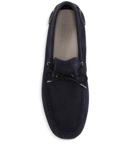 Pre-owned Ferragamo 100% Authentic Salvatore  Atlante Suede Drivers With Gancini Heel 10e In Blue