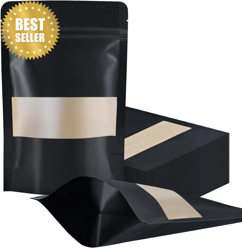 100/50 Pcs Resealable Bags Stand up Black Kraft Paper Bags with Matte Window, Zi