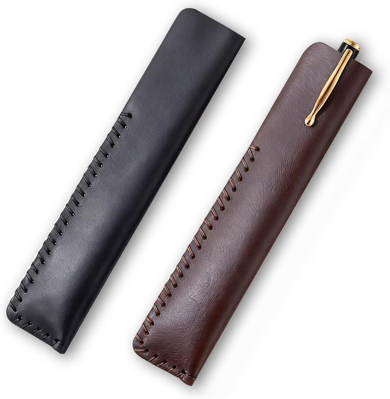 2 Pieces Handmade Genuine Leather Single Pen Pouch, Soft Fountain Pen Sleeve Cas