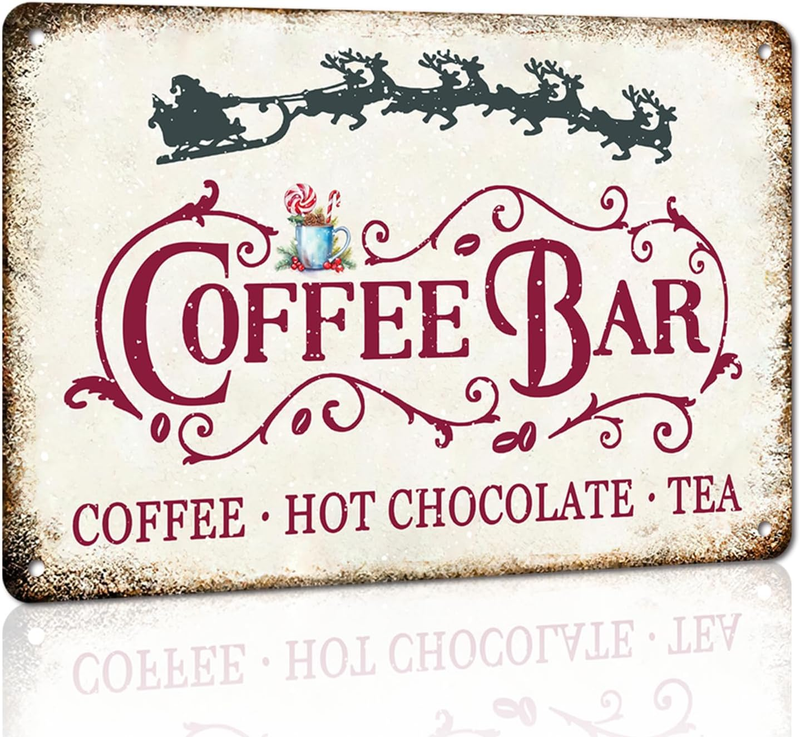 Vintage Christmas Coffee Bar Sign Hot Chocolate and Tea Aluminum Metal Signs for
