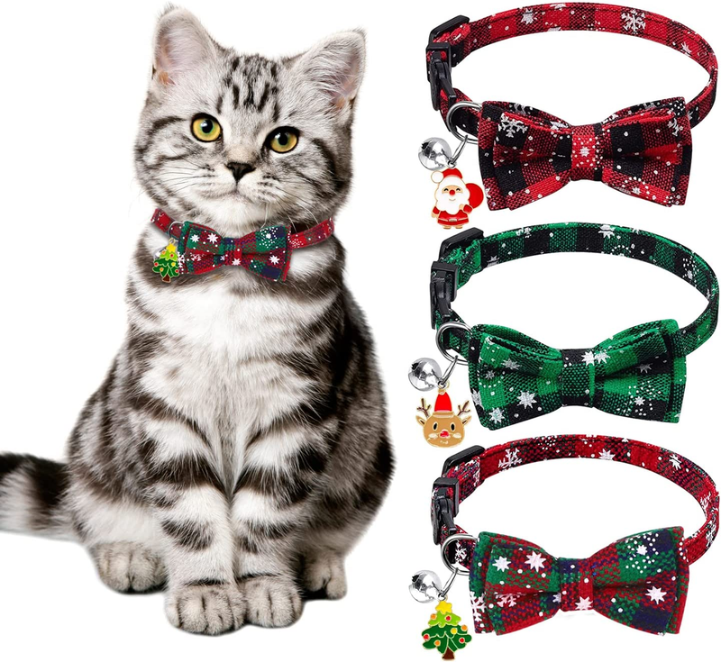 Christmas Cat Bow Tie Collar 3-Pack - Breakaway Safety Collars With Bells