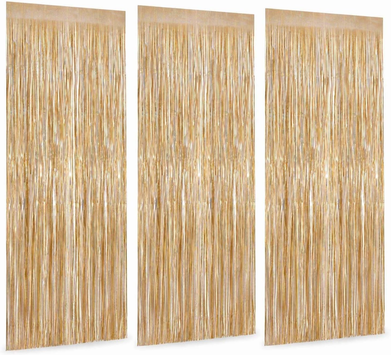 Photo Booth Backdrop Foil Curtain Tinsel, Champagne Gold, 3 Pack | 3.28Ft X 6.56