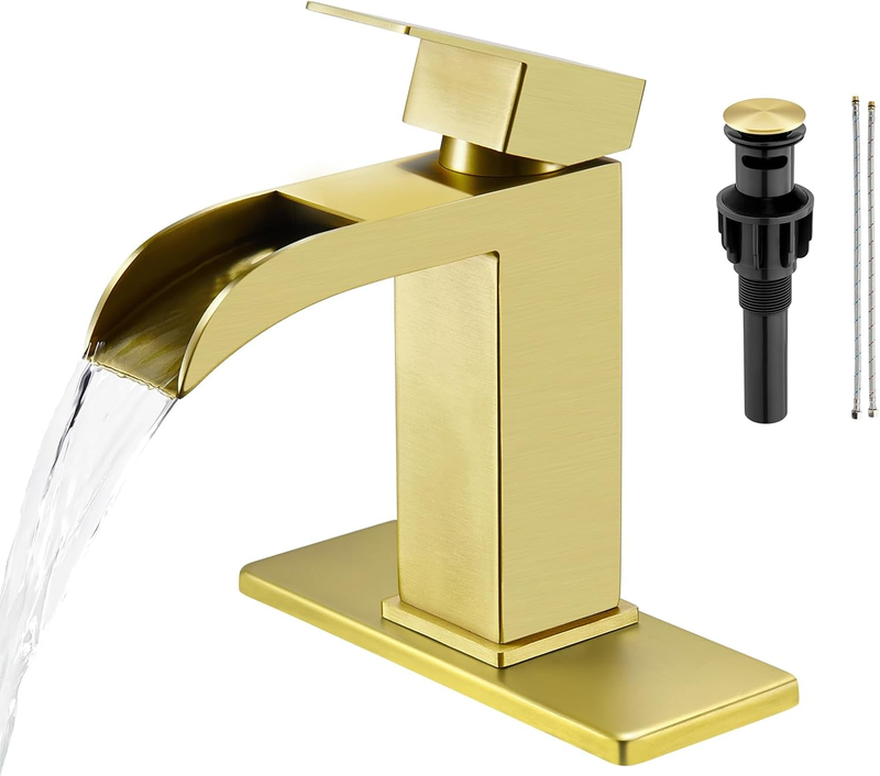 Brushed Gold Waterfall Bathroom Faucet 1 Hole Single Handle,Wide Open Spout Waterfall Bathroom Faucet with Pop up Drain,Stainless Steel Utility Sink Faucet RV Bathroom Vanity Faucet Basin