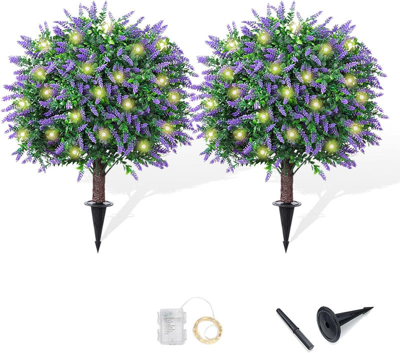 2 Pack 17.3 Artificial Lavender Topiary Trees with LED Lights Battery Operated - Realistic UV Resistant Faux Greenery, with Ground Spike Decor for Outdoor Garden, Patio, Porch, and Indoor Use