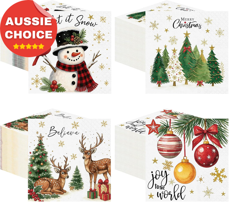 200 Paper Cocktail Napkins 2 Ply Disposable Christmas Snowman Holiday Decor