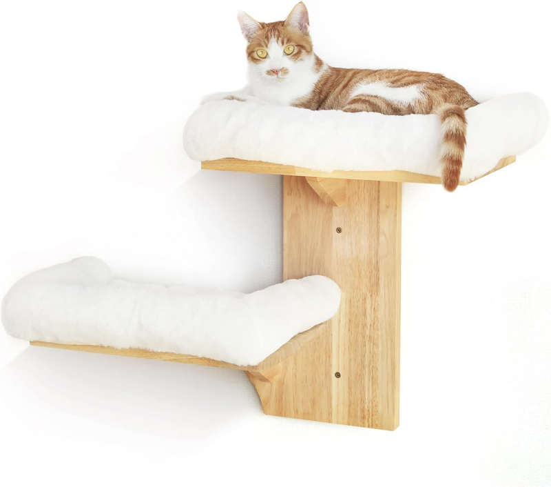 Cat Wall Shelves, 2 Platform Cats Walls Furniture, Tree Shape Kitten Floating Shelf with Soft Cushion Perch, Solid Rubber Wood for 16 Inch Drywall, Suitable for Climb, Play, Nap