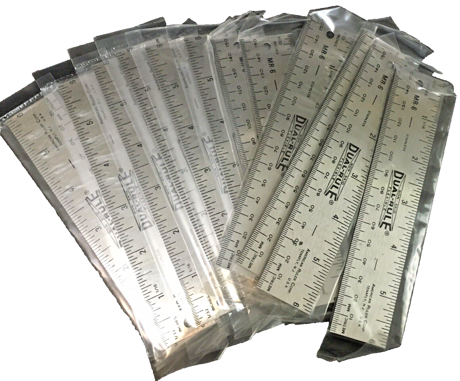 Vintage 12 Pack of 6" Stainless Steel Rulers Cork Back Dual-Rule SAE/Metric USA