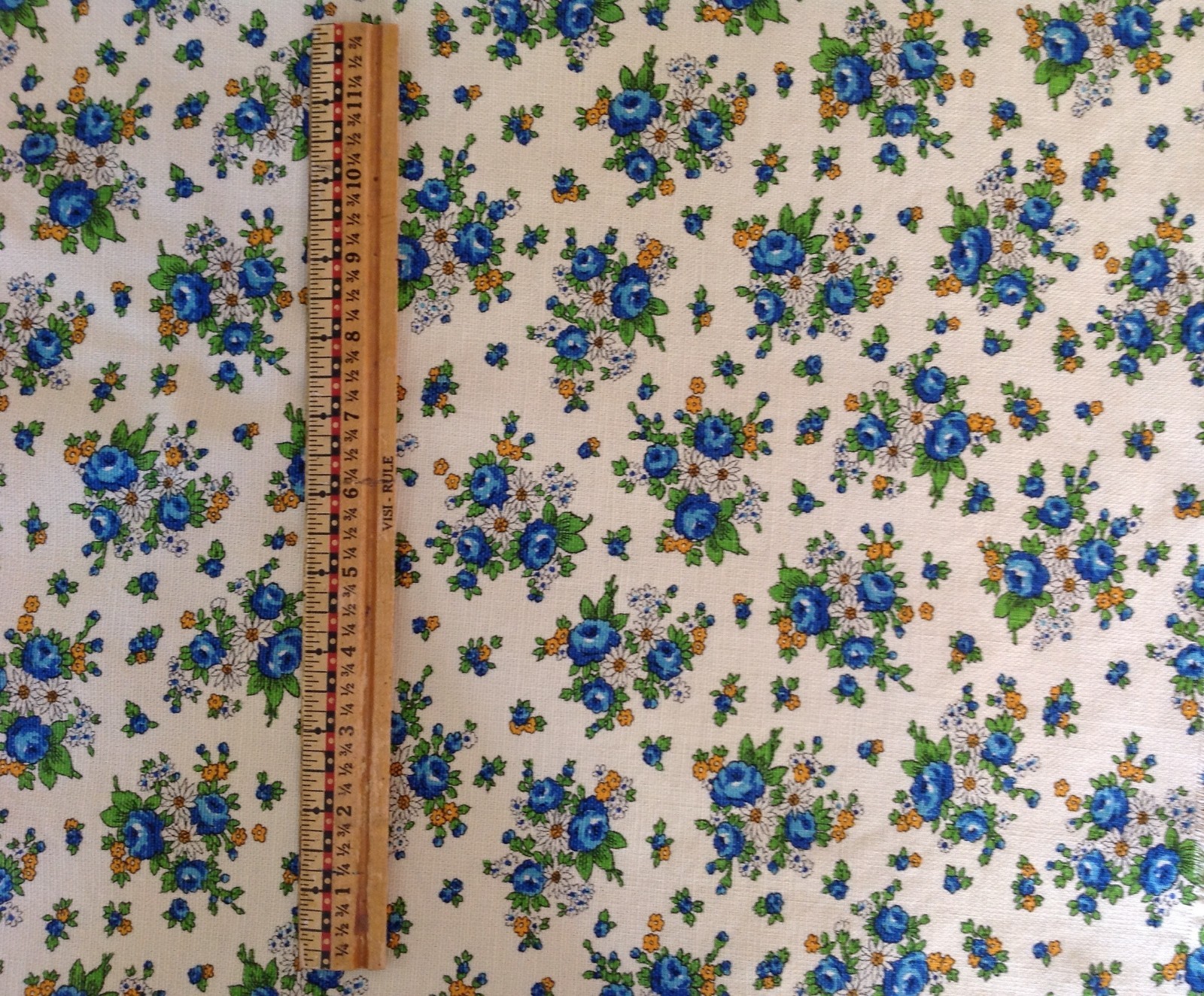 1970s Vtg 1.1 Yds Heavy Cotton Percale Blue Floral Fabric Material Sewing Retro