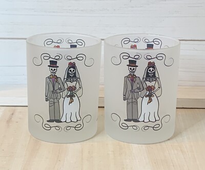 Culver Day of the Dead Halloween Skeleton Wedding Signed Glass Set of 2 NEW RARE