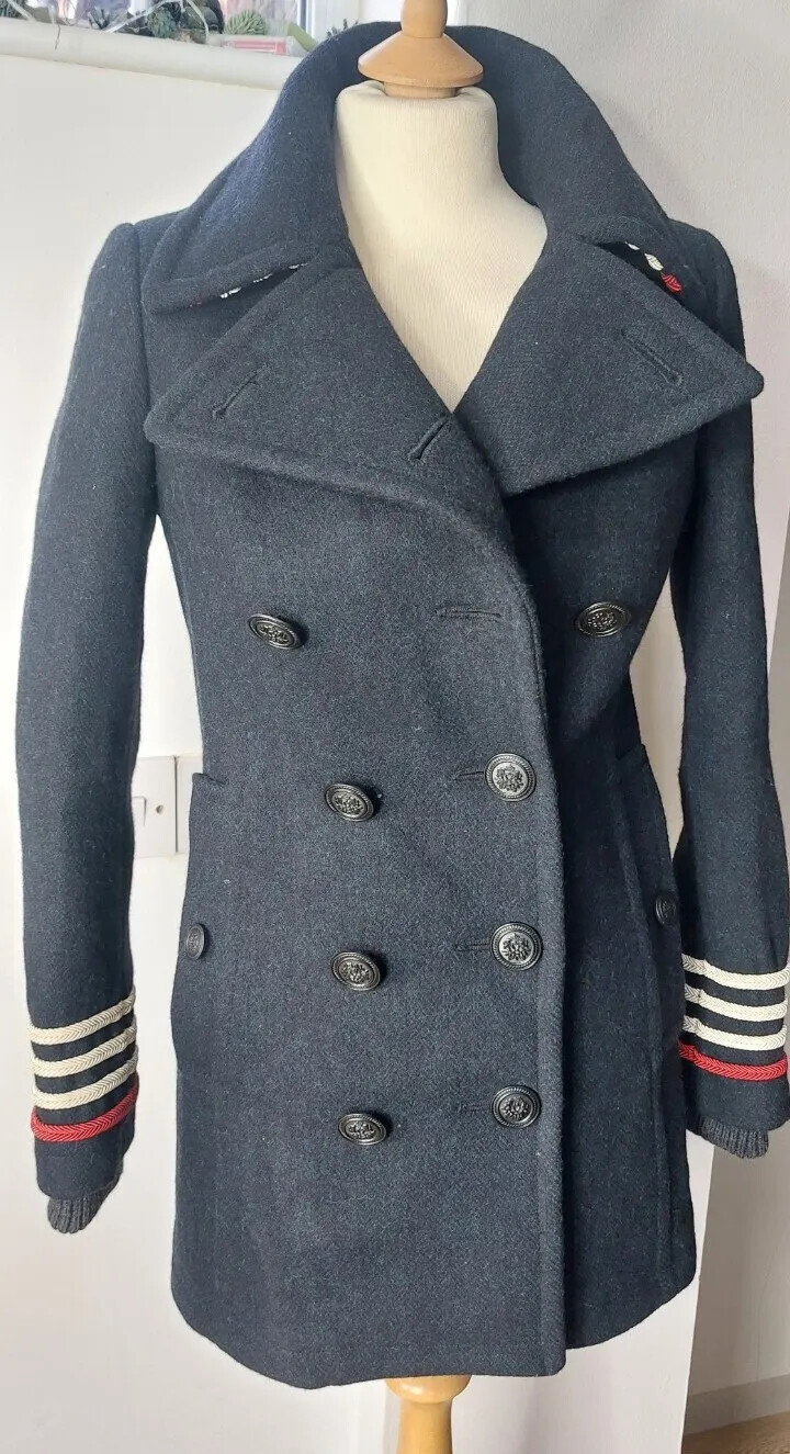 Pre-owned 100% Superdry Military Braid Peacoat Wool Size 10 Navy In Gray