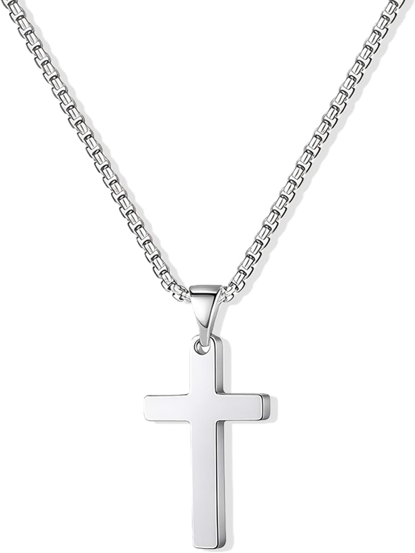 Cross Necklace for Men - Inspirational Stainless Steel Cross Pendant Chain 20 In