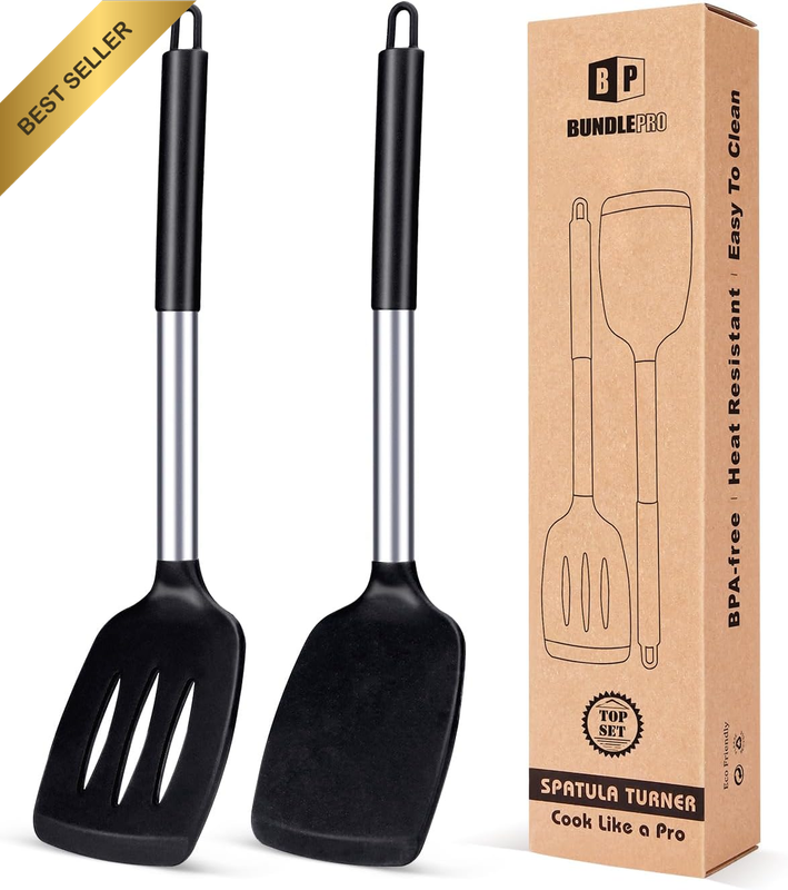 2PK Silicone Solid Slotted Turner Spatula Non Stick High Heat Black