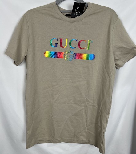 Gucci Rainbow Logo Tee Tan Short Sleeve T-Shirt Size Medium