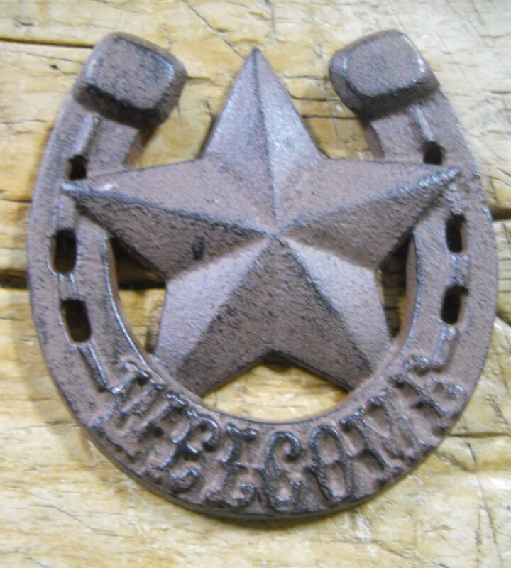 Cast Iron Horseshoe Star Welcome Cowboy Plaque Sign Rustic Ranch Wall Decor 