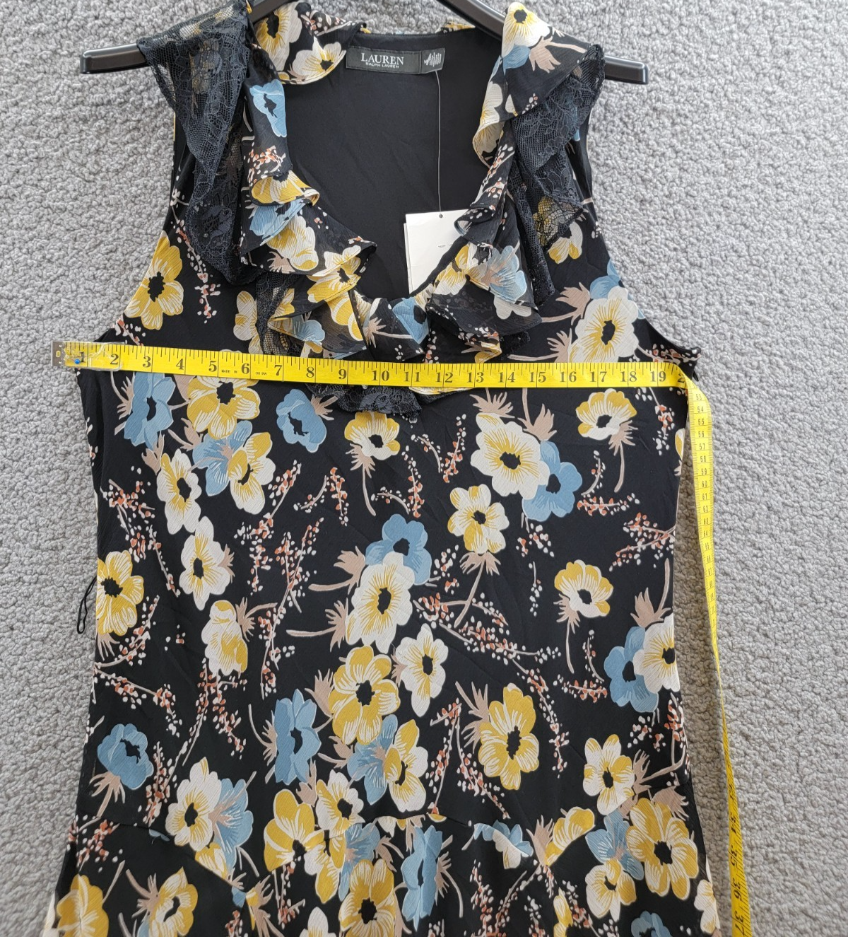 Lauren Ralph Lauren Floral A-Line Dress Women's 14 Black Multi Ruffle Sleeveless - Picture 7 of 15