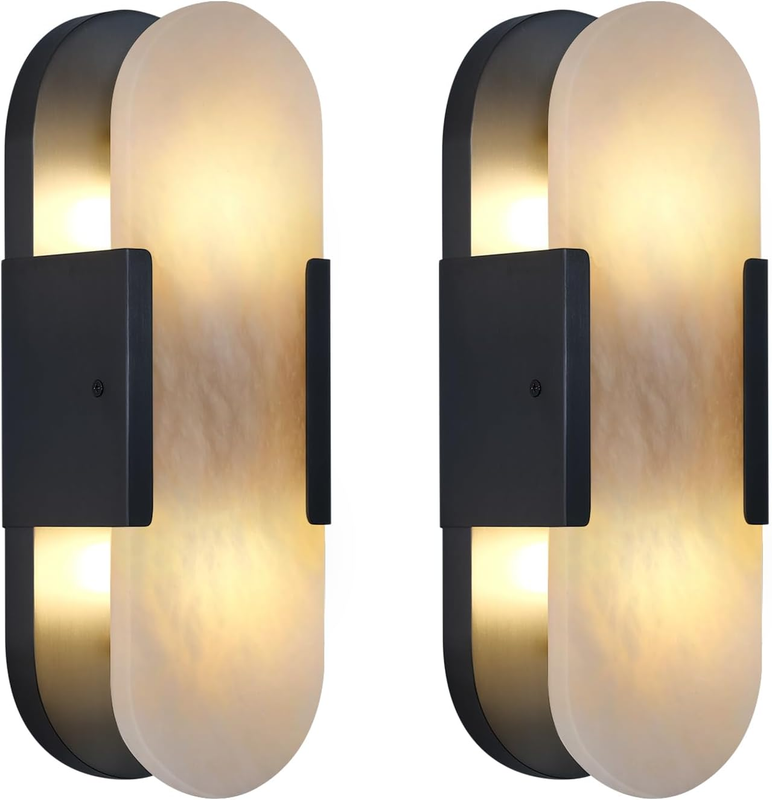 13.8 in Matte Black Alabaster Wall Sconces, Natural Marble Wall Sconces Indoor Alabaster Sconces for Living Room Modern Alabaster Sconces Wall Lighting for Dining Room Stairs Bedroom Bath