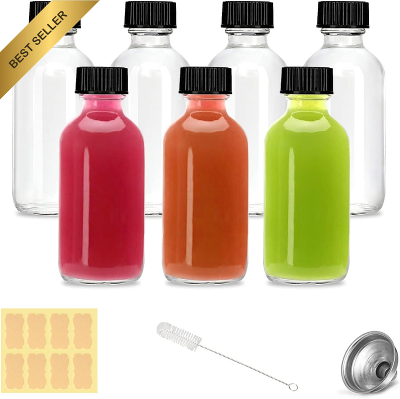 2Oz Small Clear Glass Bottles with Lids - 7 Pack Shot Caps for Ginger Shots, Jui