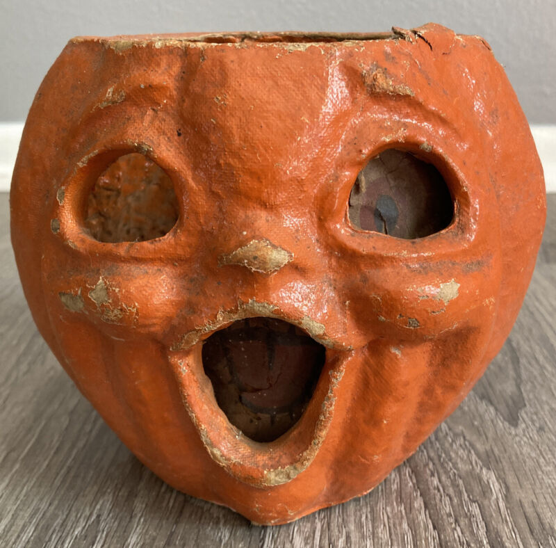 Antique Paper Mache Jack O Lantern Pumpkin Singing Halloween Original Face Wow!
