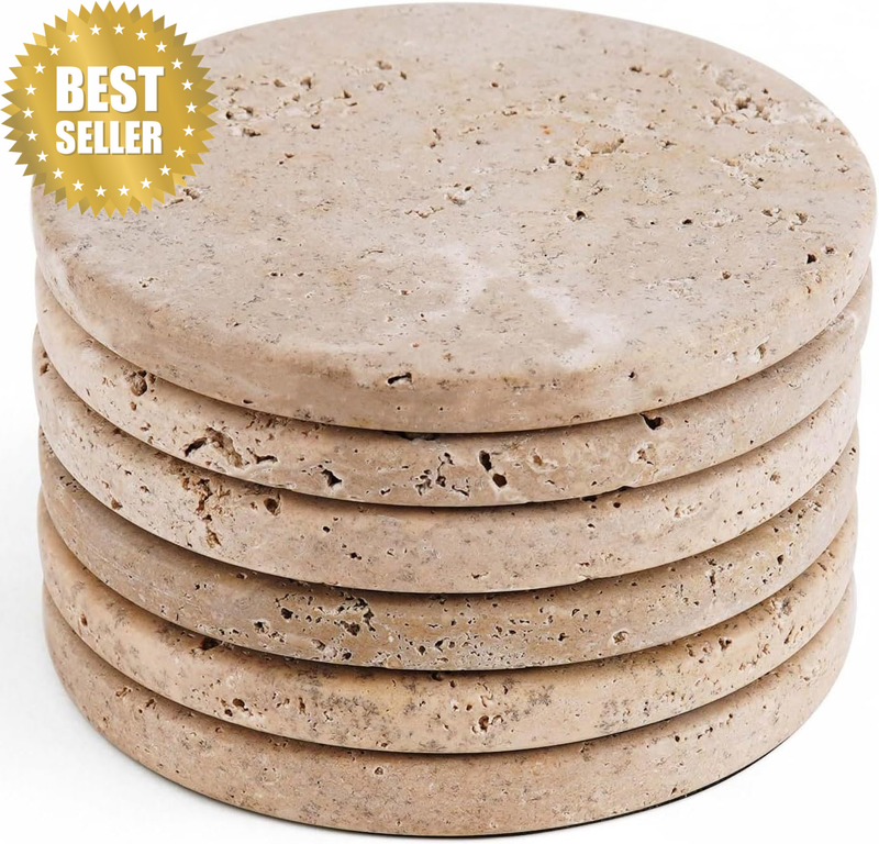 Marble Coasters Set of 6 Handmade 3.75 Inch round Travertine Coaster for Drinks